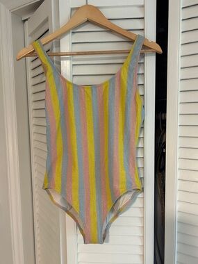 SOLID & STRIPED Pastel Striped One-Piece Swimsuit in Yellow, Pink & Blue